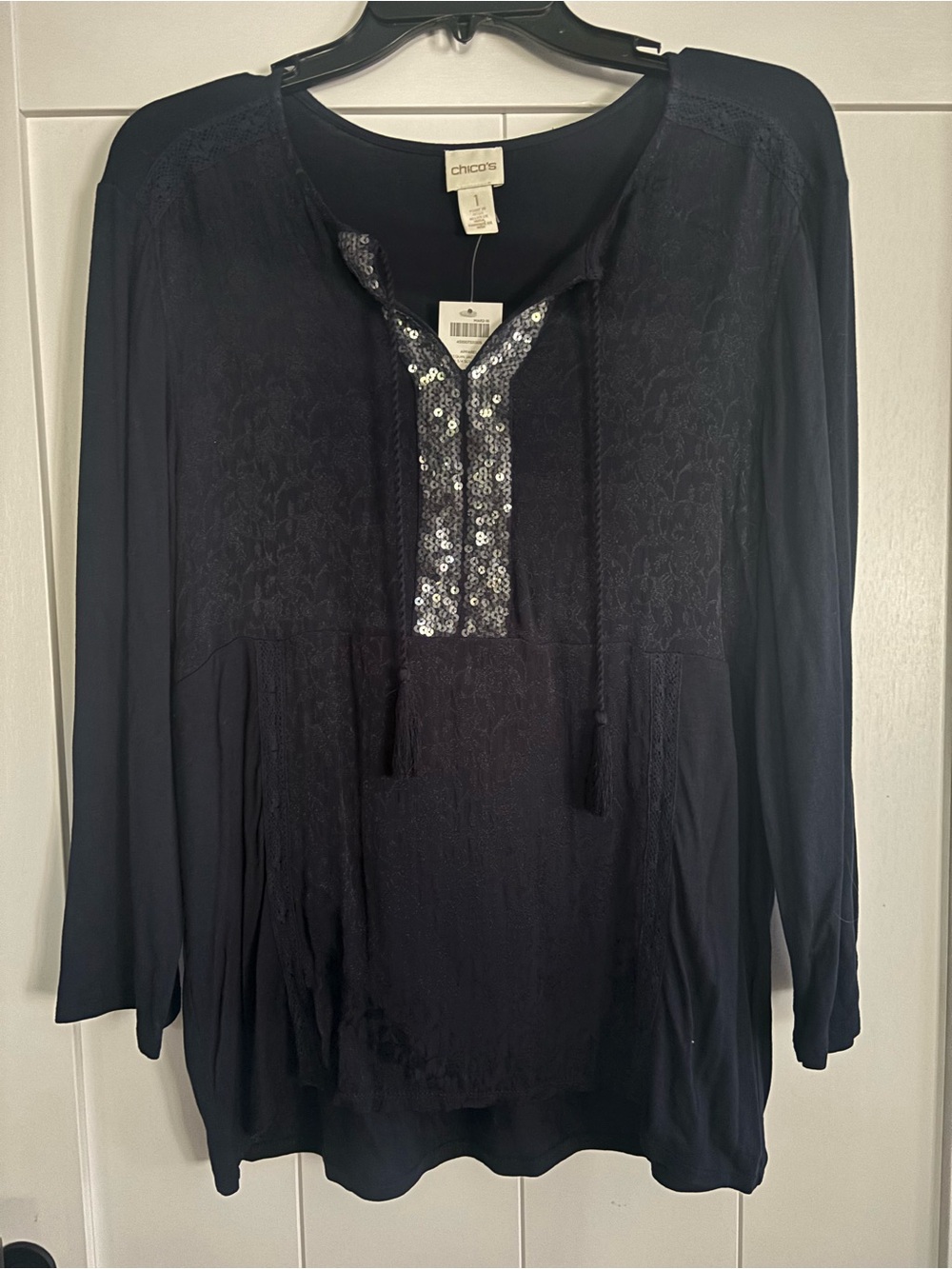 Chico's Black Long-Sleeve Tunic with Sequin Placket
